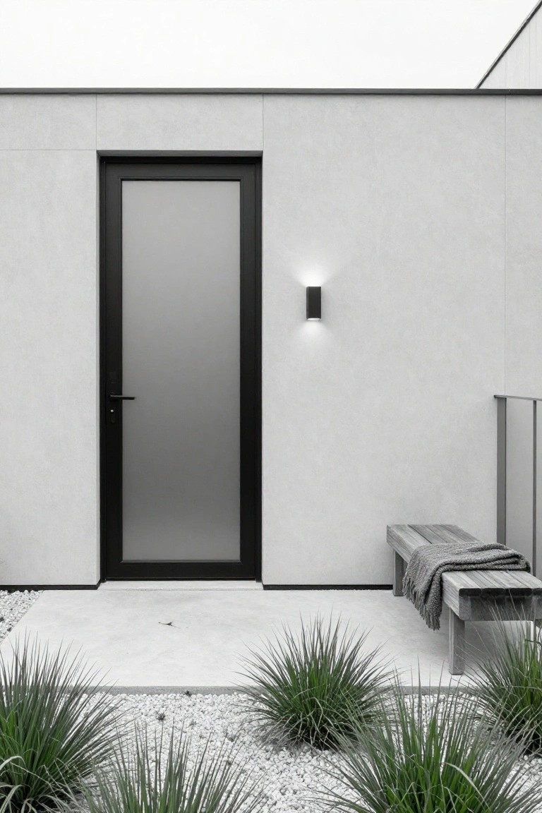 Modern black door on minimalist concrete facade with wooden bench and plants.