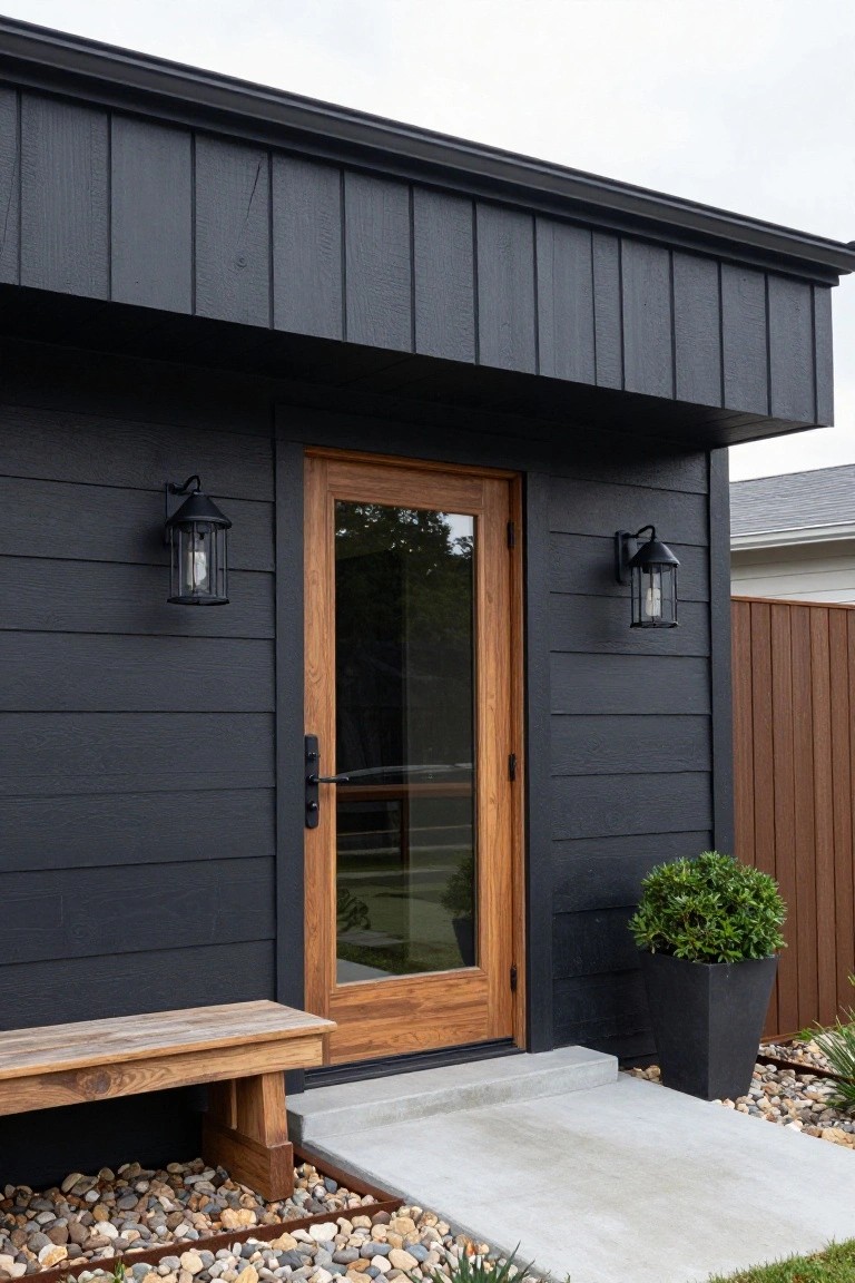 Modern entrance on a black board-and-batten sided building with a wood-framed glass door, black lanterns on each side, wooden bench, black potted shrub, pebble ground cover, and concrete step.