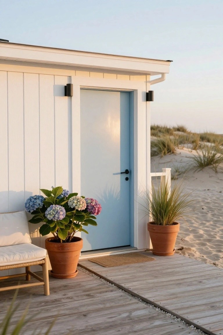 White clapboard beach house with light blue front door, potted blue hydrangea and grass plants beside a white cushioned chair on a wooden deck near sand dunes.