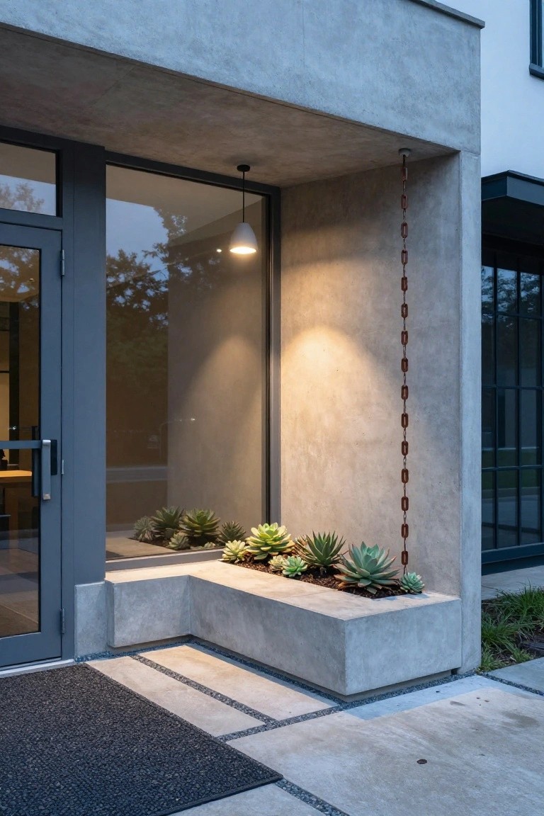 Modern house entrance with gray concrete facade, large glass door, white pendant light, vertical copper chain on wall, L-shaped concrete planter box filled with succulents, and dark pebble doormat on concrete path.