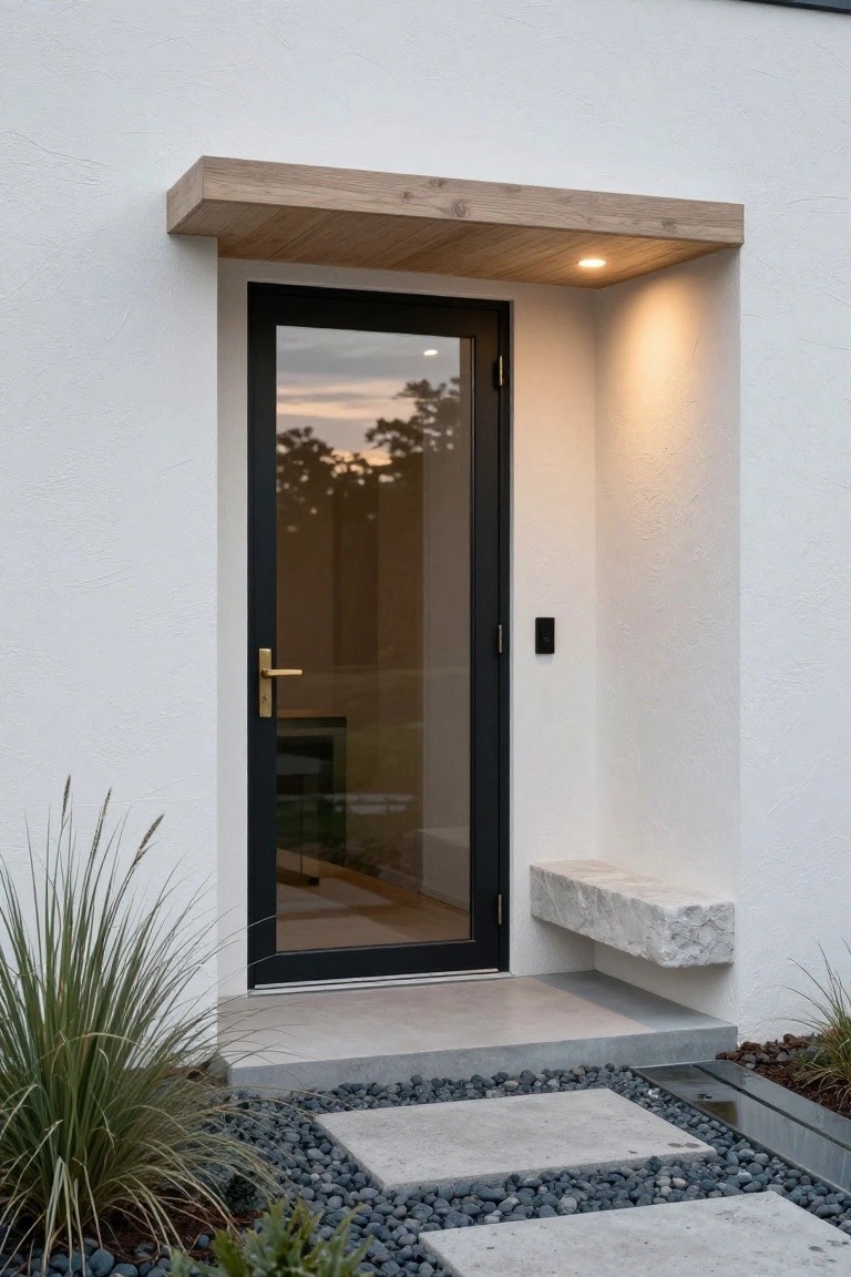White stucco house wall with black metal-framed glass entry door under light wood cantilevered awning, gold door handle, black wall switch, floating stone bench, gravel path with stone steps, grasses and plants.