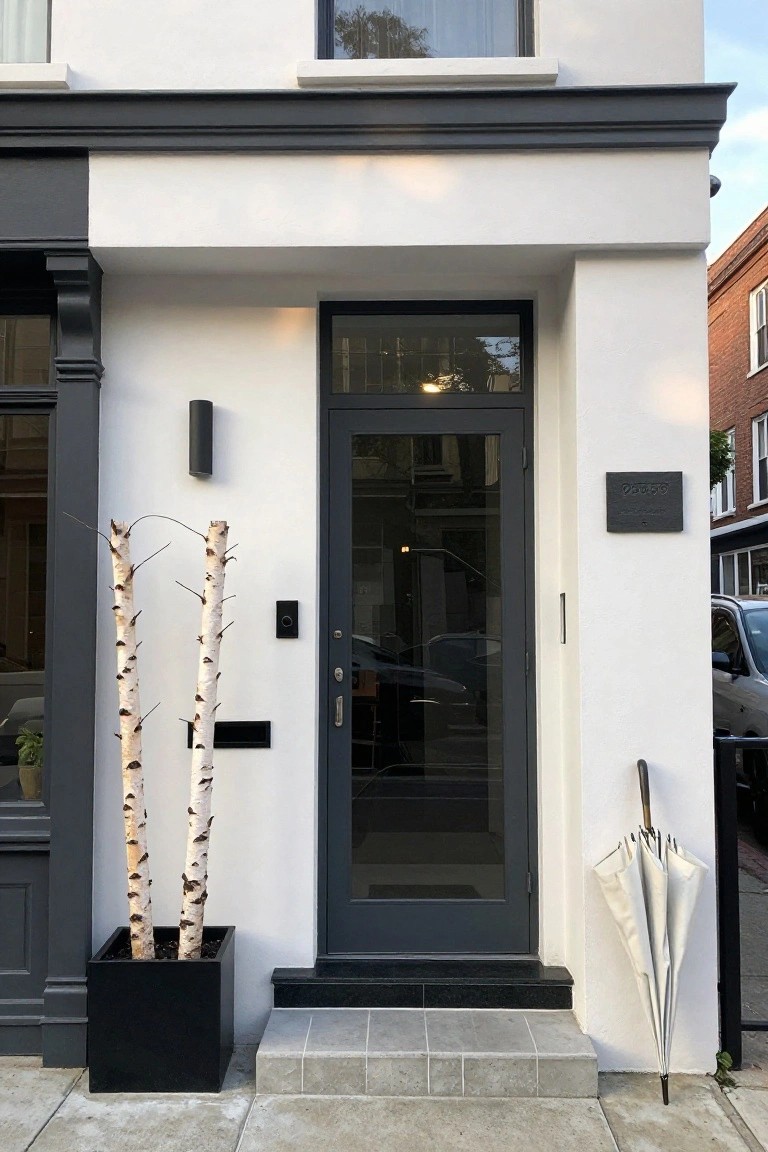 White stucco house facade with black trim and cornice, dark gray glass front door, black wall light, square black pot holding two birch branches, and white umbrella leaning on the wall beside tiled steps.