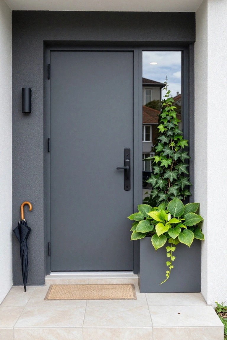 Gray metal front door with black handle and slim frame next to a glass side panel showing ivy climbing outside, large potted hosta plant in black container on white wall, black umbrella leaning against textured gray wall on tiled porch with seagrass mat.