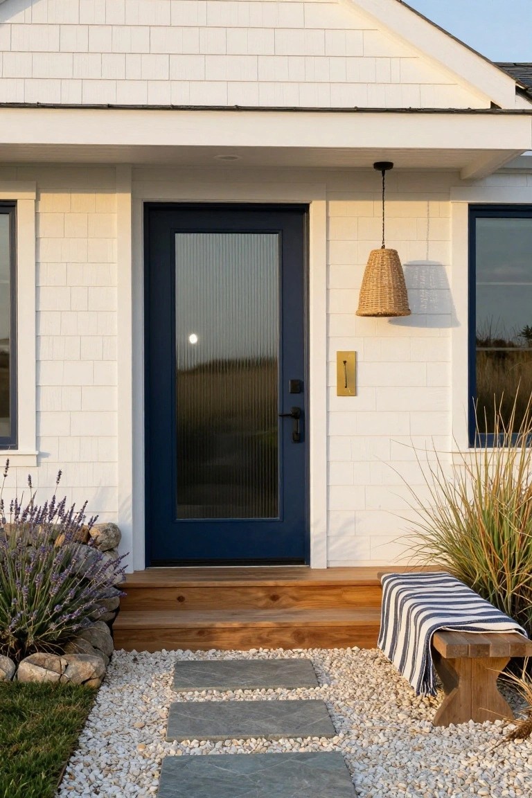 White shingle house exterior with navy blue reeded glass front door, matching side windows, hanging seagrass lantern, lavender plants and ornamental grasses, gravel path with stone steps, and wooden bench on porch area.
