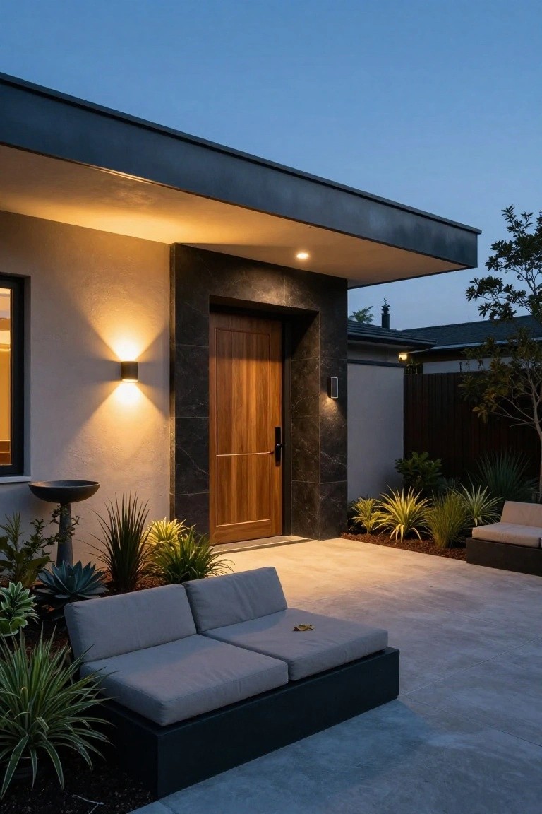 Evening photo of a modern house entrance featuring a dark wood door within black stone pillars, flanked by wall lights, with agave plants, a birdbath, and gray lounge seating on a light gray paver patio.