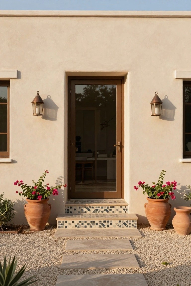 Beige stucco house facade with brown glass entry door centered between two windows, flanked by copper lantern lights, short mosaic-tiled steps leading to gravel path edged with large terracotta pots of pink bougainvillea.