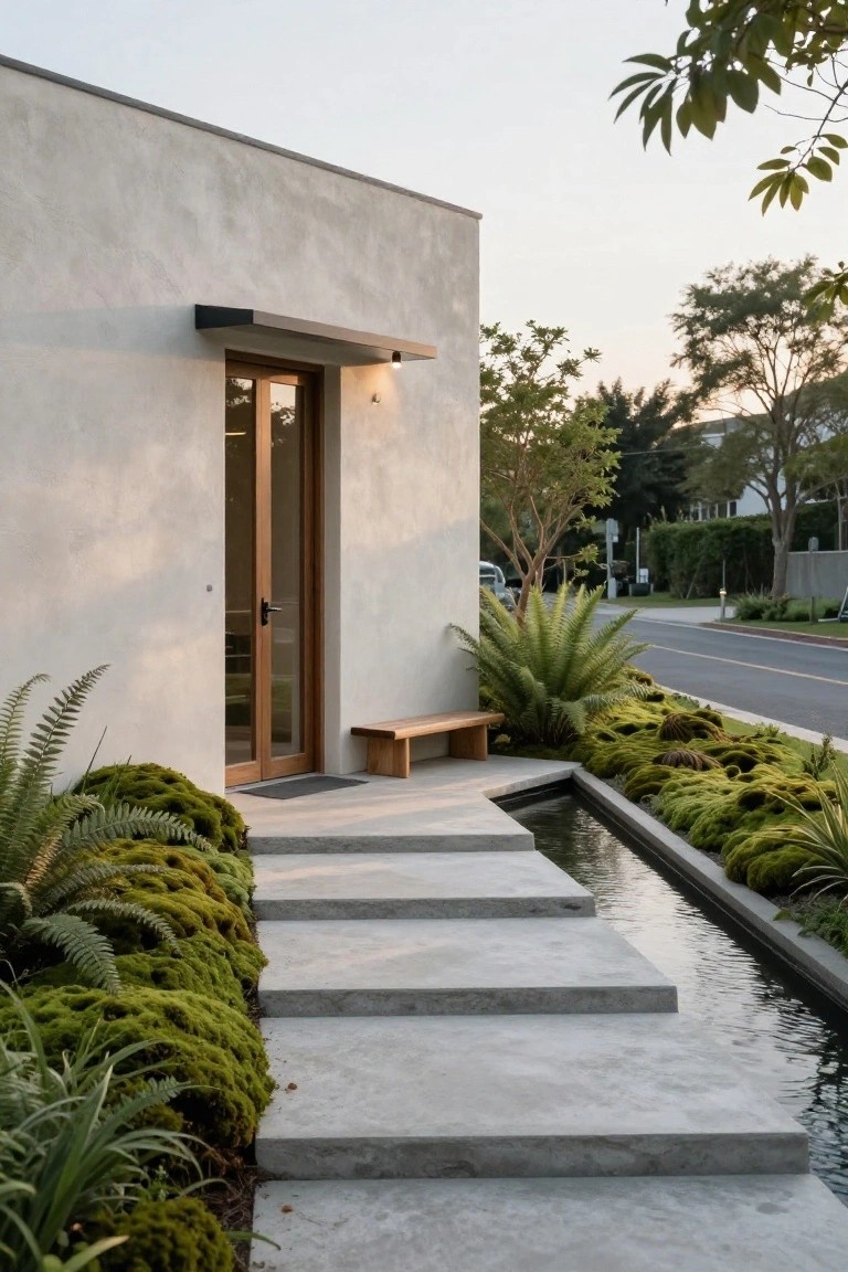Modern stucco house entrance featuring gray concrete steps leading to a wooden door under a cantilevered canopy, with a narrow water channel edged in moss and ferns on one side, a wooden bench nearby, and plants along the path.