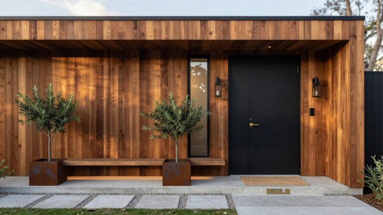 Modern entrance with vertical wood cladding, black front door and sidelight, wooden bench, lanterns, potted olive trees in metal planters, agave plant, concrete steps, and gravel accents.
