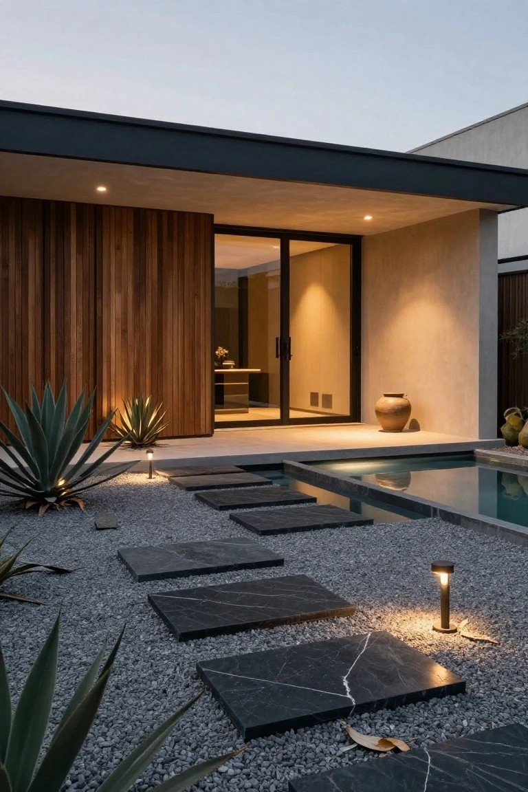 Modern house entrance with sliding glass doors under an overhanging roof, wood panel wall, stucco surfaces, gravel ground cover, black marble stepping stones leading to a pool edge, agave plants, and path lights at dusk.