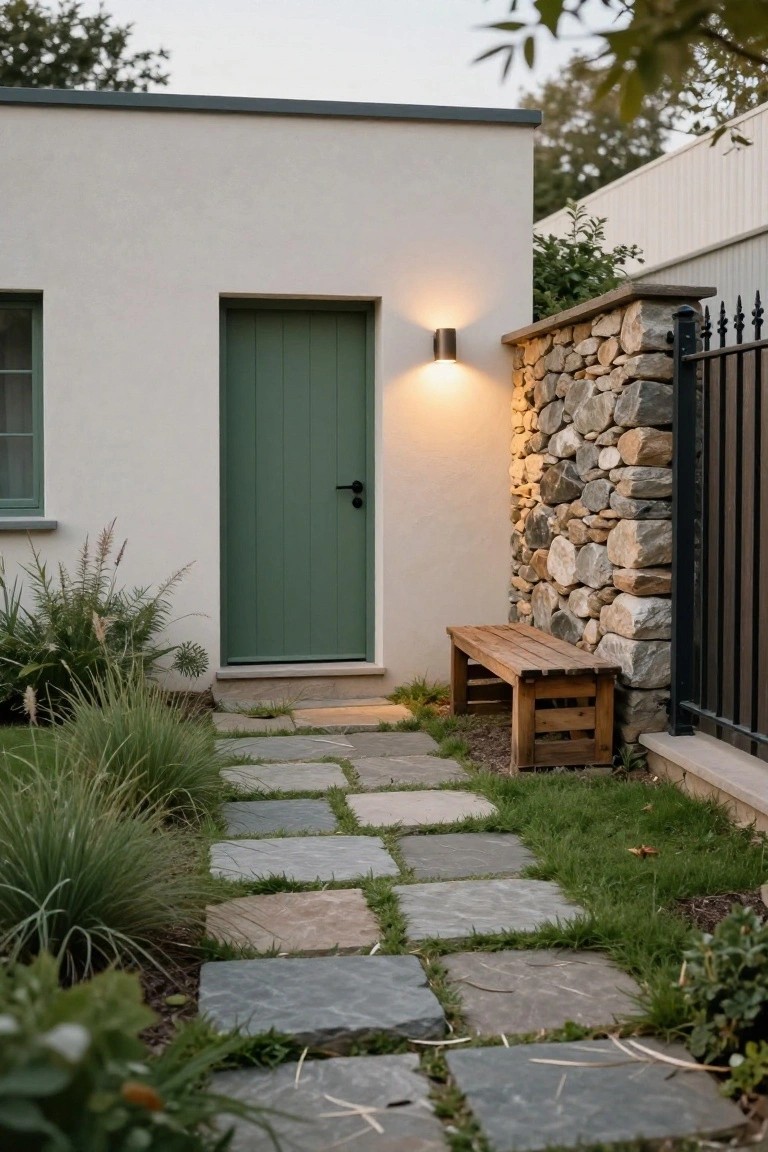 White rendered house exterior with a green wooden front door and small window, lit by a black wall sconce, slate stone pathway through grass and tall ornamental grasses leading to a wooden bench beside a stone wall and black metal gate.