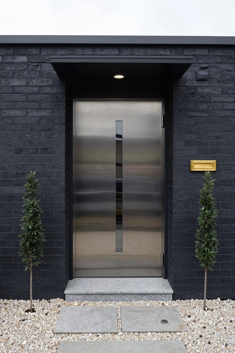 Tall stainless steel front door with vertical glass panel set in black brick walls under a cantilevered overhang, flanked by potted conifer trees, granite steps, and gravel ground cover.