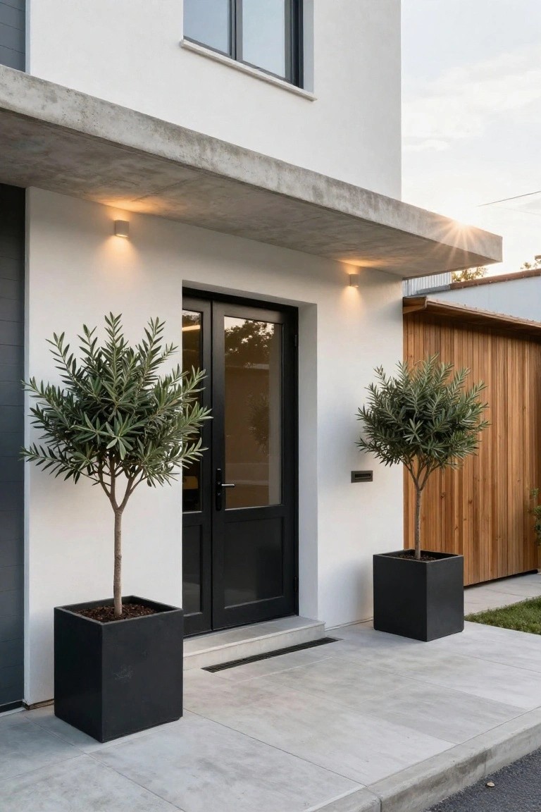 Modern white house entrance with black double doors under a concrete canopy, flanked by two potted olive trees in large black square pots, wall lights, and a gray garage door to the left.