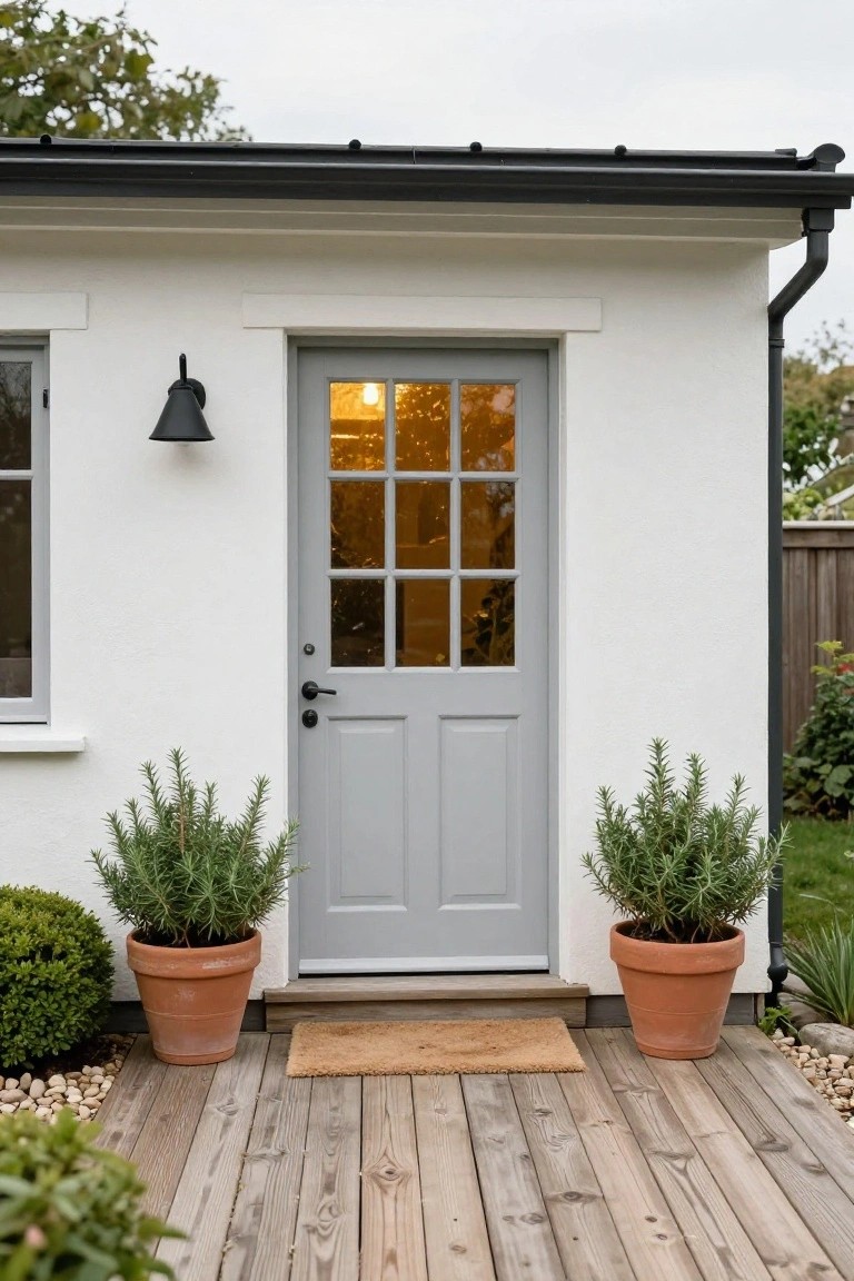 White rendered exterior wall with light gray paneled door featuring nine glass panes, black wall lantern, and two large terracotta pots of rosemary plants flanking the wooden deck entrance with a brown doormat.