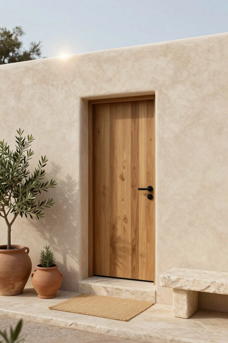Beige textured adobe wall with a recessed vertical wooden front door and black handle, olive tree in terracotta pot to the left, smaller potted plant, woven seagrass mat on stone steps, and rough stone bench to the right under clear sky.