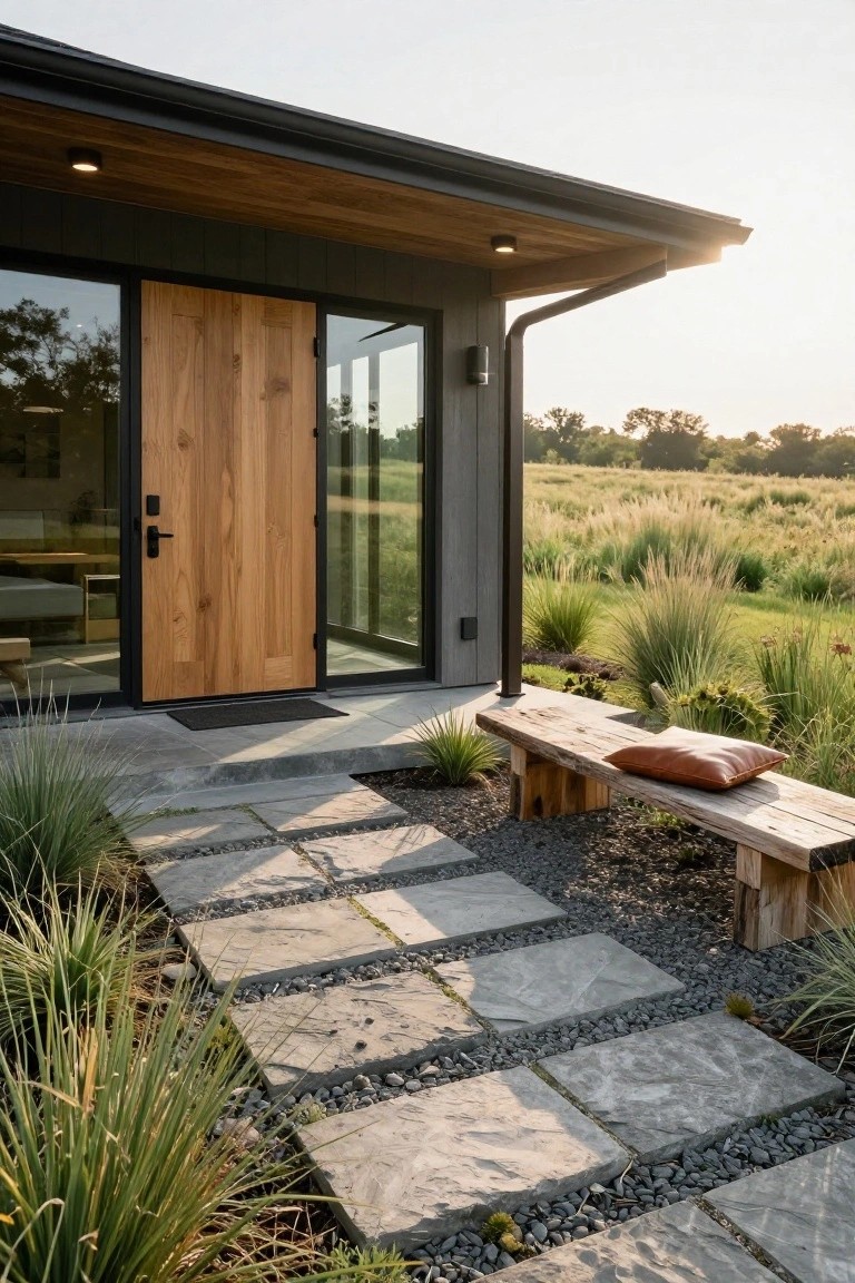 Modern house entrance with tall wooden door flanked by glass panels in black metal frame, wooden bench with orange cushion on gray stone pathway edged by grasses and gravel.