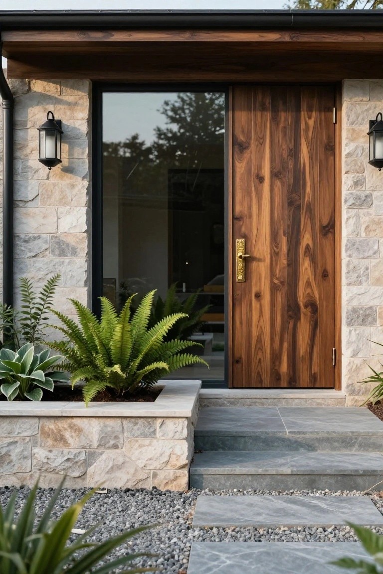 Front entrance of a modern house with a tall dark wood door featuring vertical grain, gold handle, adjacent black-framed glass panel, beige stone walls, wall lanterns, raised planter with ferns and agave, and gray stone steps.
