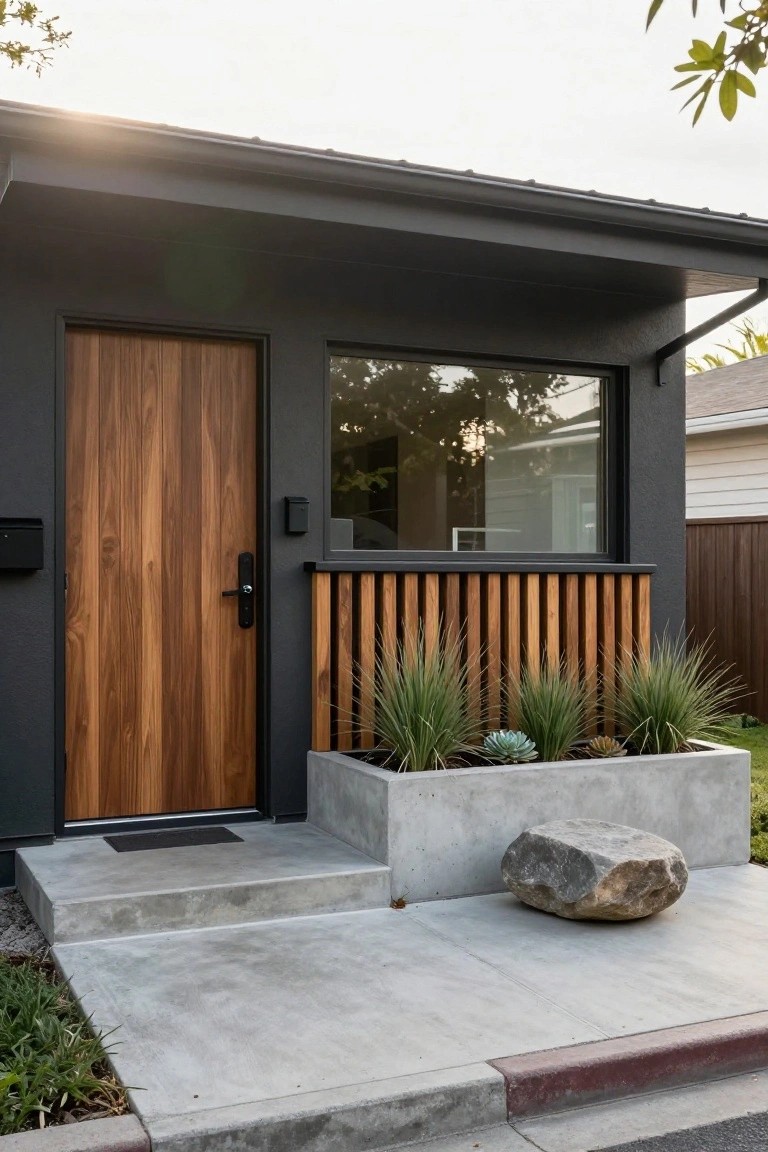 Modern single-story house exterior with charcoal siding, vertical wood slats, walnut front door, large fixed window, concrete steps, planter box with grasses and succulents, and a large boulder on a concrete path.