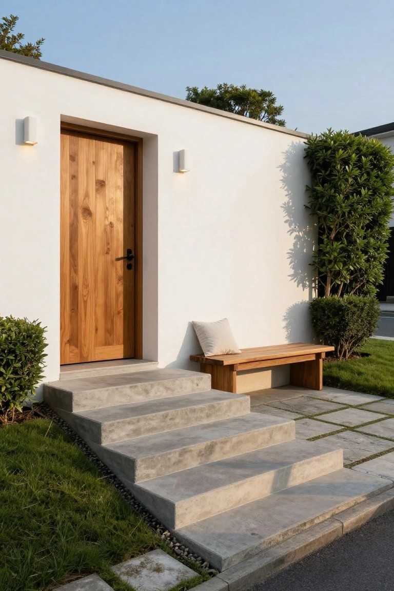 Modern house entrance with a vertical wood door in a white stucco wall, flanked by wall lights, concrete steps leading up, wooden bench with cushion, shrubs, and grass beside a paved area.