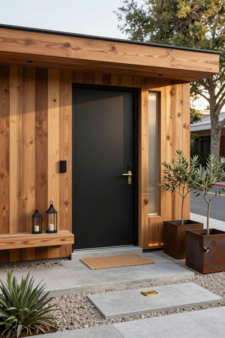 Modern entrance with vertical wood cladding, black front door and sidelight, wooden bench, lanterns, potted olive trees in metal planters, agave plant, concrete steps, and gravel accents.
