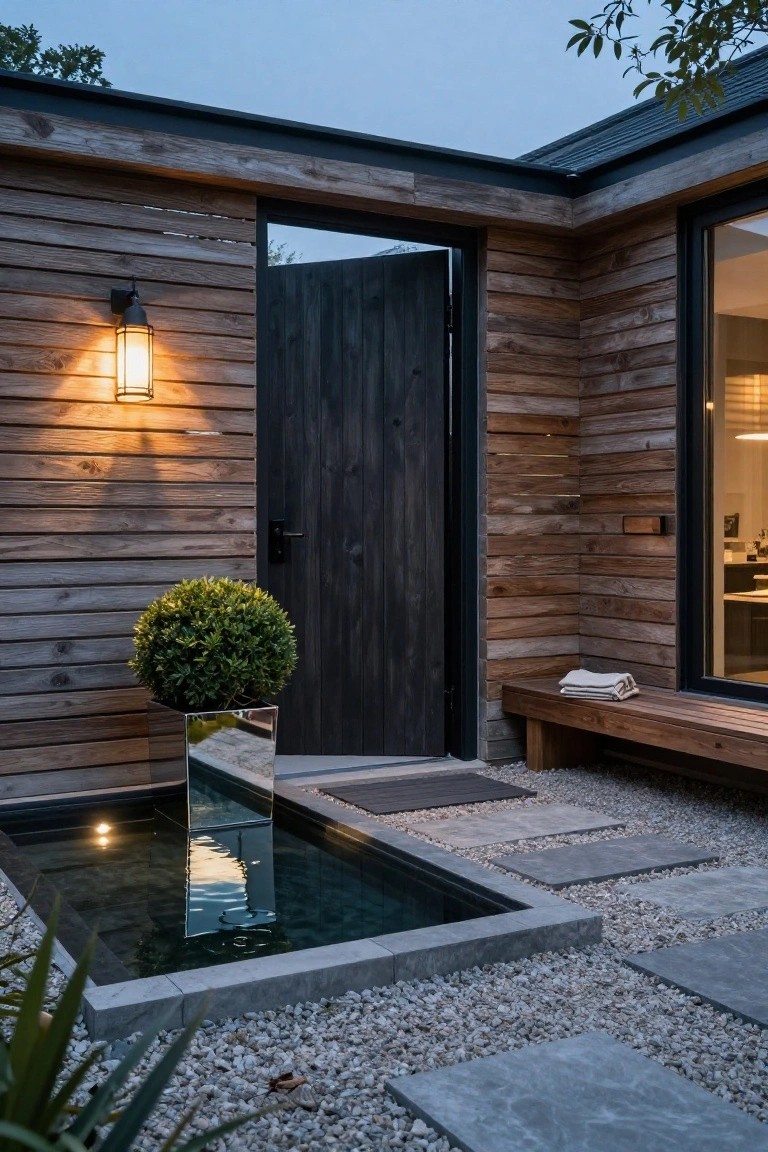 Evening photo of a house corner entrance featuring weathered wood siding, open black door, wall-mounted lantern, boxwood in silver planter, small square reflecting pool, wooden bench with towels, and gravel with stone pavers.