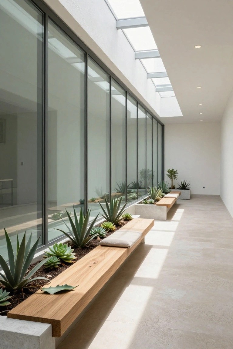 A modern indoor corridor with floor-to-ceiling glass walls on one side, skylights overhead, light tile floor, recessed lighting, and linear wooden benches integrated into concrete planters filled with succulents and agave plants.