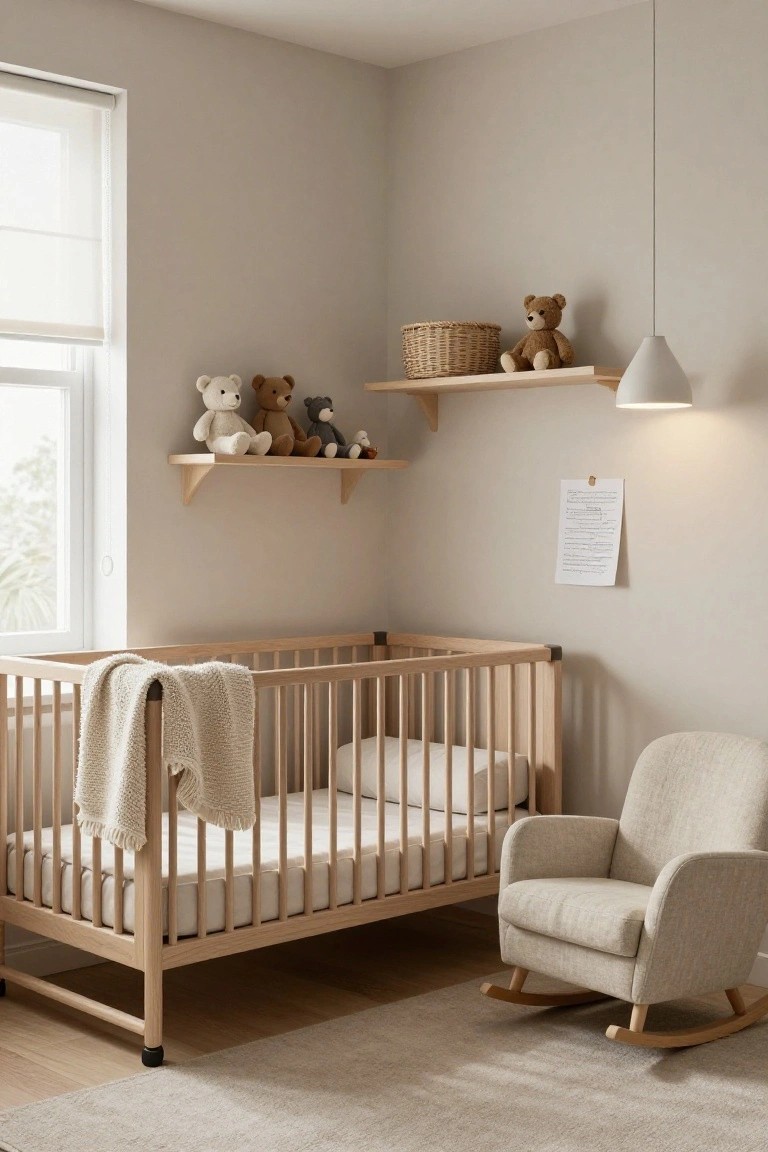 Beige nursery corner with light wood slatted crib draped in cream knit blanket, adjacent cream upholstered rocking chair on light wood floor, floating wood shelves holding teddy bears and basket, roller blind on window, neutral walls.