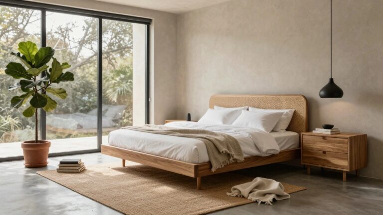 A modern bedroom with a low wooden platform bed featuring a rattan cane headboard, white bedding and throw, wooden nightstand, large potted fiddle leaf fig plant, black pendant light, and seagrass rug on polished concrete floor.