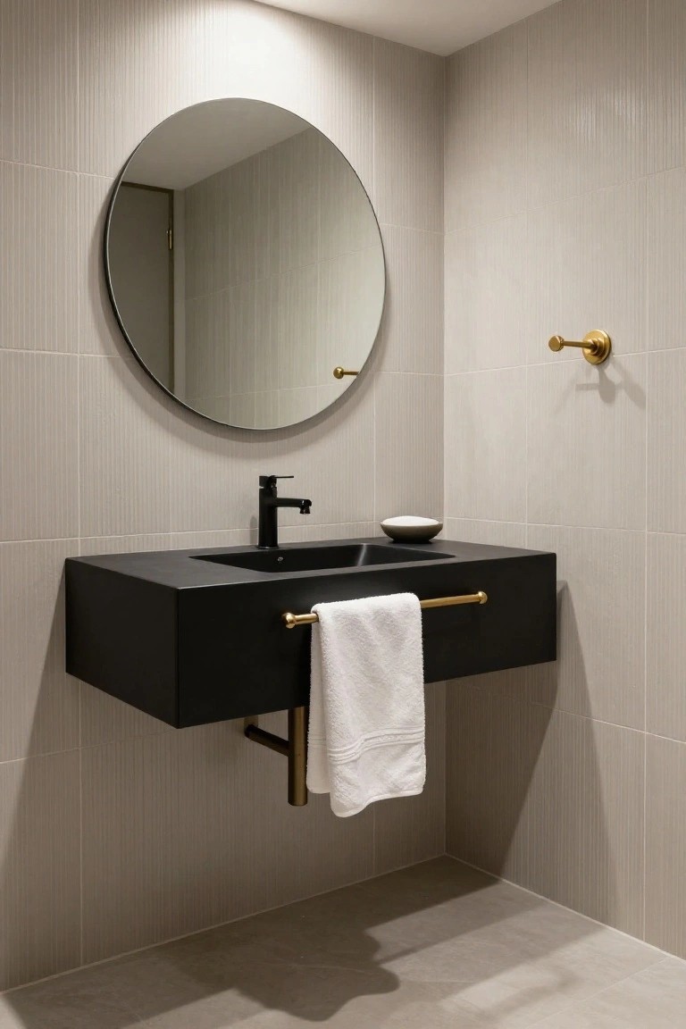 Modern bathroom corner with floating matte black vanity, black faucet and sink, white towel on gold rail, round black-framed mirror, gold wall hook, and light gray vertical textured tile walls and floor.
