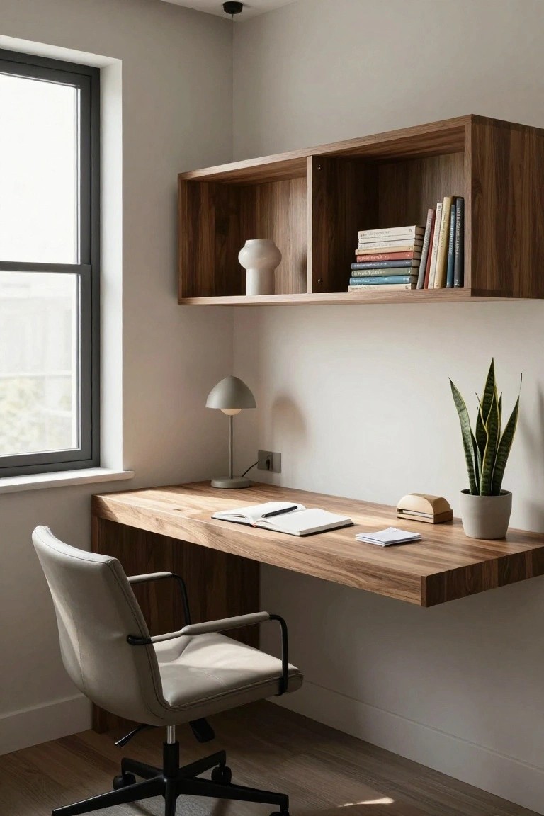 Modern interior corner office with floating wooden desk, open wooden wall shelves holding books and a white vase, gray desk lamp, open notebook on desk, potted snake plant, light gray office chair, and large window with black frame.