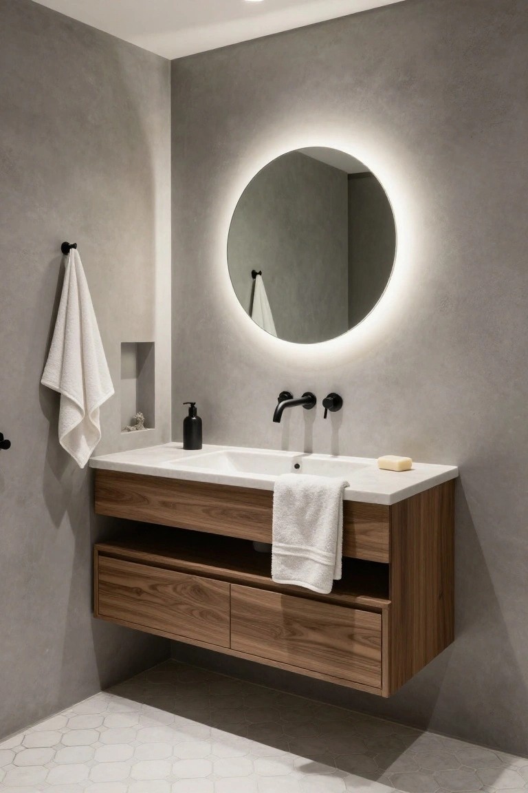 Modern bathroom with floating walnut wood vanity, white sink, black wall-mounted faucets, round backlit mirror on textured gray wall, white towels, and hexagonal white floor tiles.