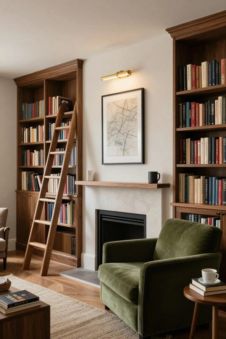 Cozy interior library room with tall wooden bookshelves, sliding wooden ladder, integrated fireplace, green velvet armchair, side tables, books, and area rug on hardwood floors.