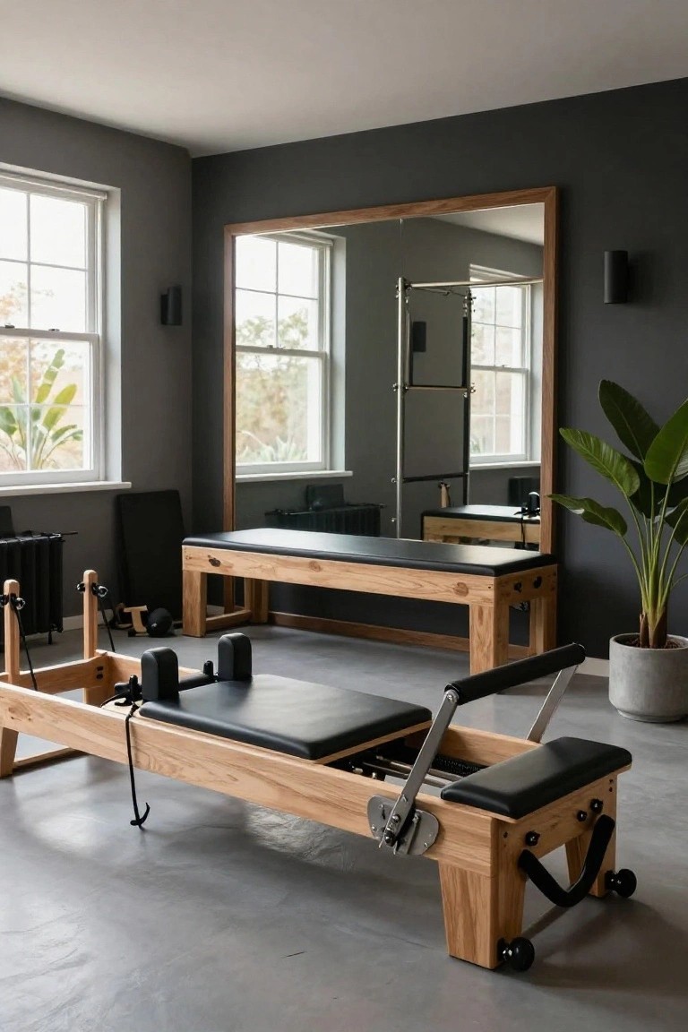 Modern home gym room with wooden Pilates reformer on wheels, black padded bench, tall wall mirror with metal ladder, dark gray walls, two windows, radiator, and potted plant in corner.