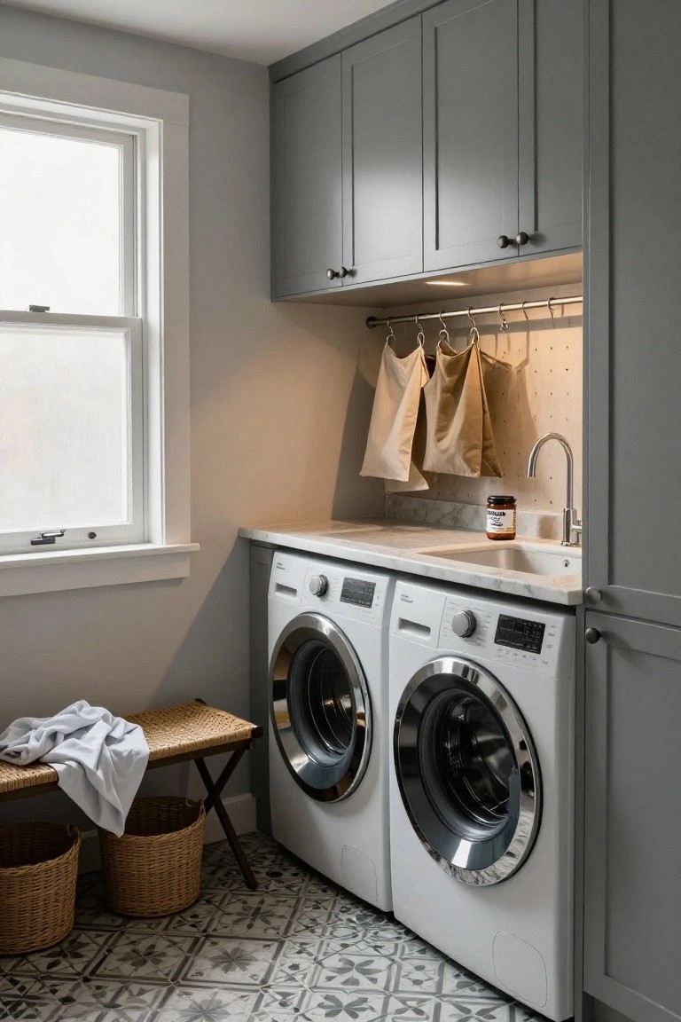 Modern laundry room interior with white front-load washer and dryer, marble countertop utility sink, gray shaker-style cabinets, overhead hanging rods with canvas bags, rattan bench with baskets, and gray patterned tile floor.
