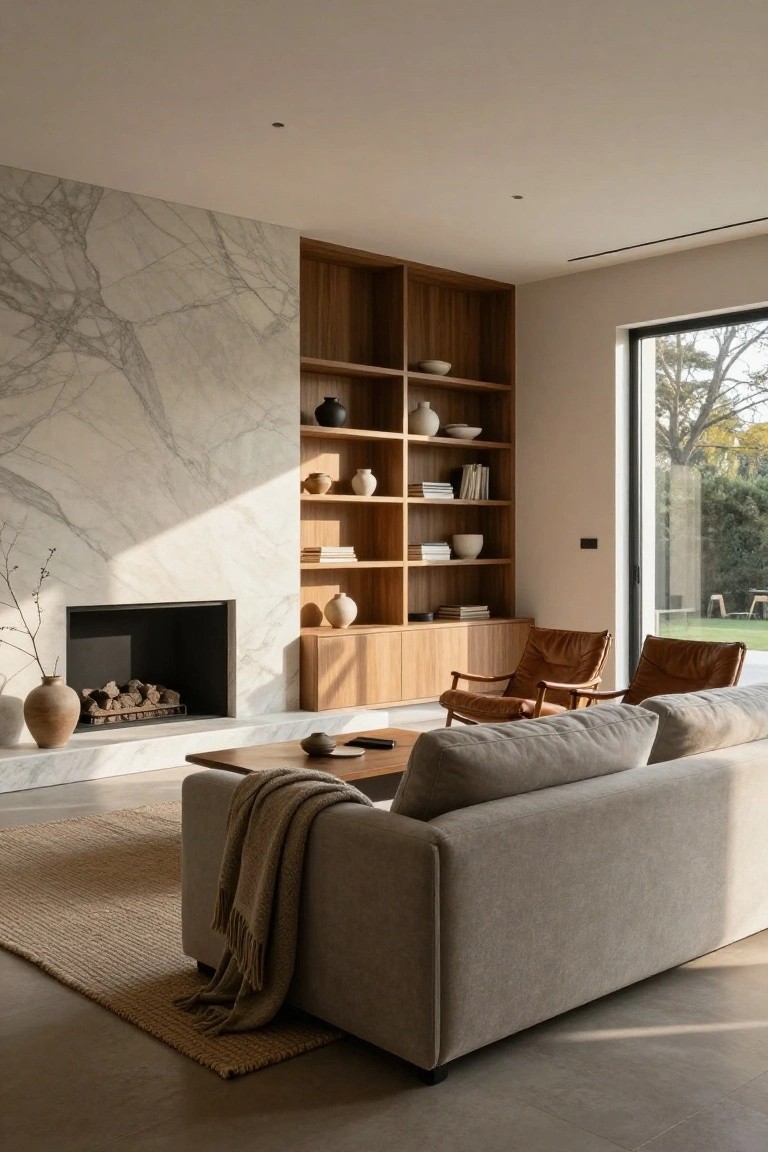 Living room interior with white veined marble wall and fireplace flanked by tall wooden bookshelves and cabinets, gray sofa, leather armchairs, and glass doors to garden.