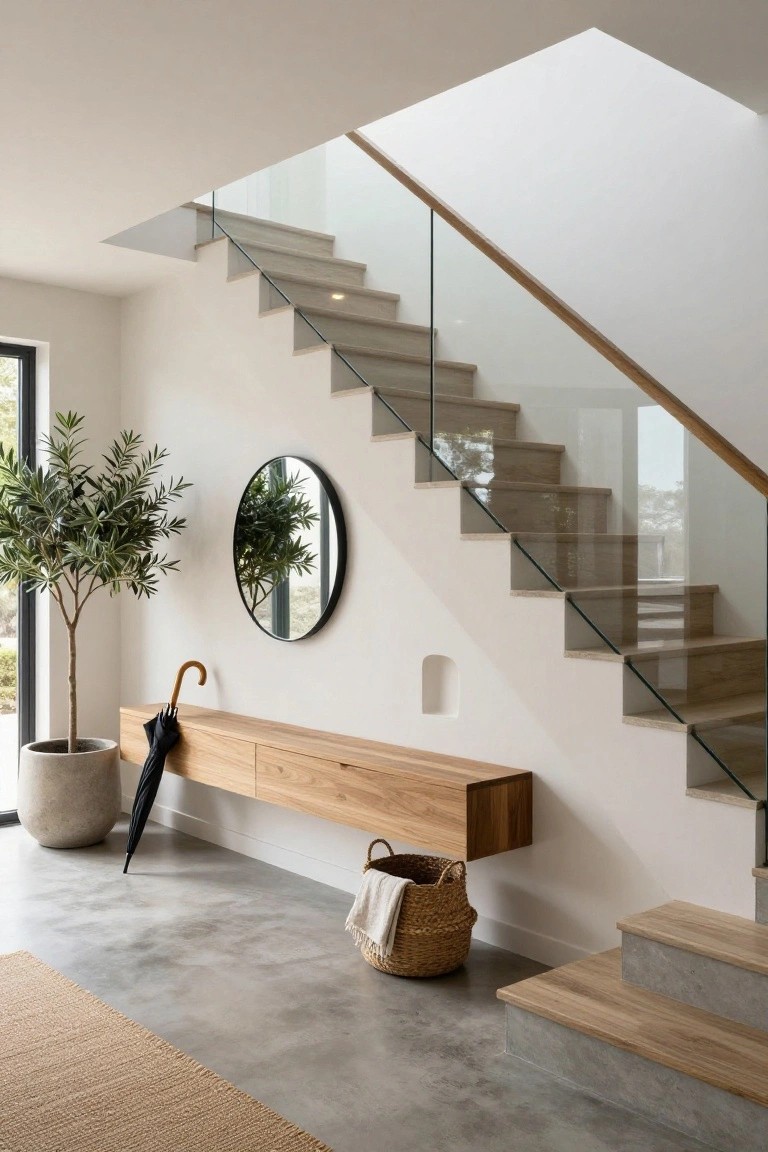 Modern interior entryway with polished concrete floor, floating oak console table holding an umbrella, potted olive tree, round black mirror on white wall, woven basket with towel, and open staircase featuring oak treads with frameless glass balustrades and oak handrail.