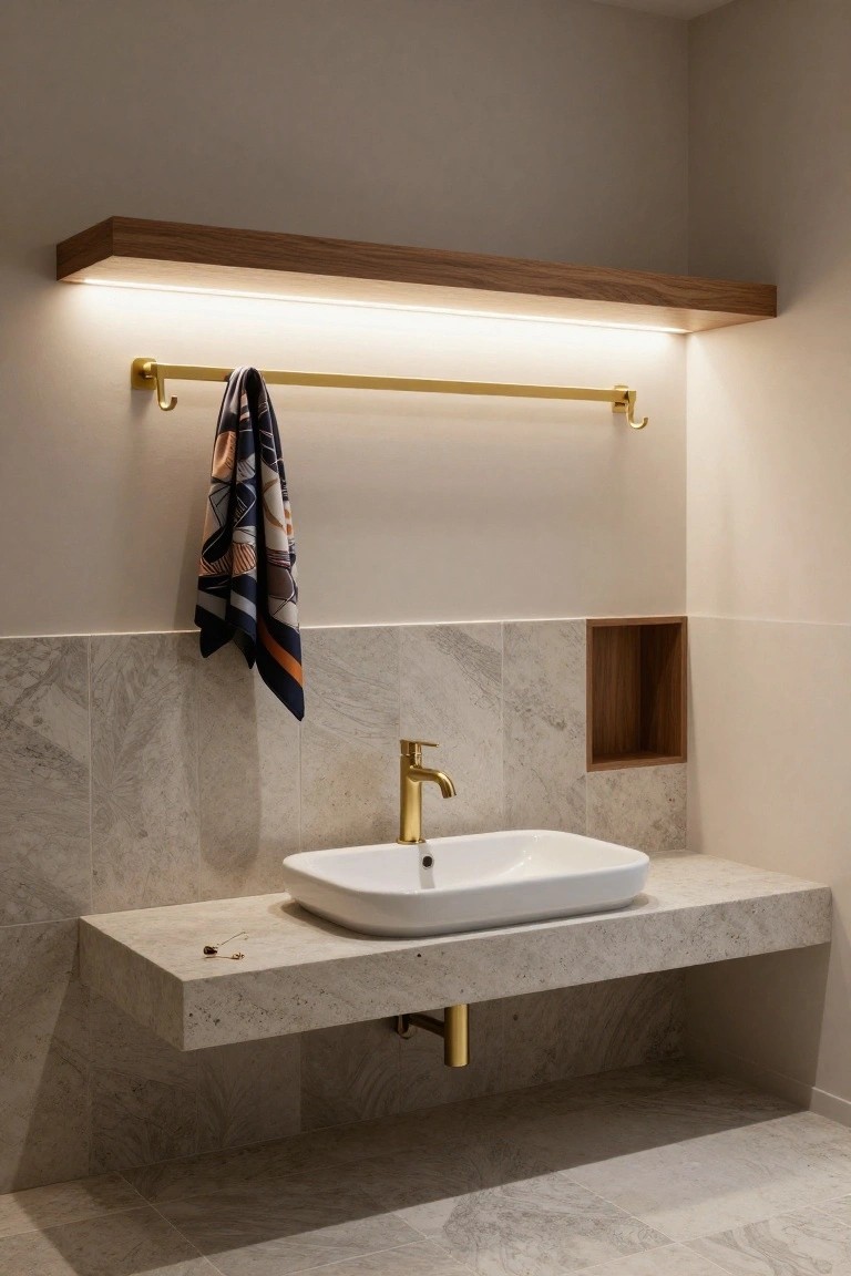 Modern bathroom with floating white sink on gray stone vanity, brass faucet and towel rail holding a patterned scarf, illuminated wood shelf above, wood niche in gray veined tiled wall, and matching tiled floor.