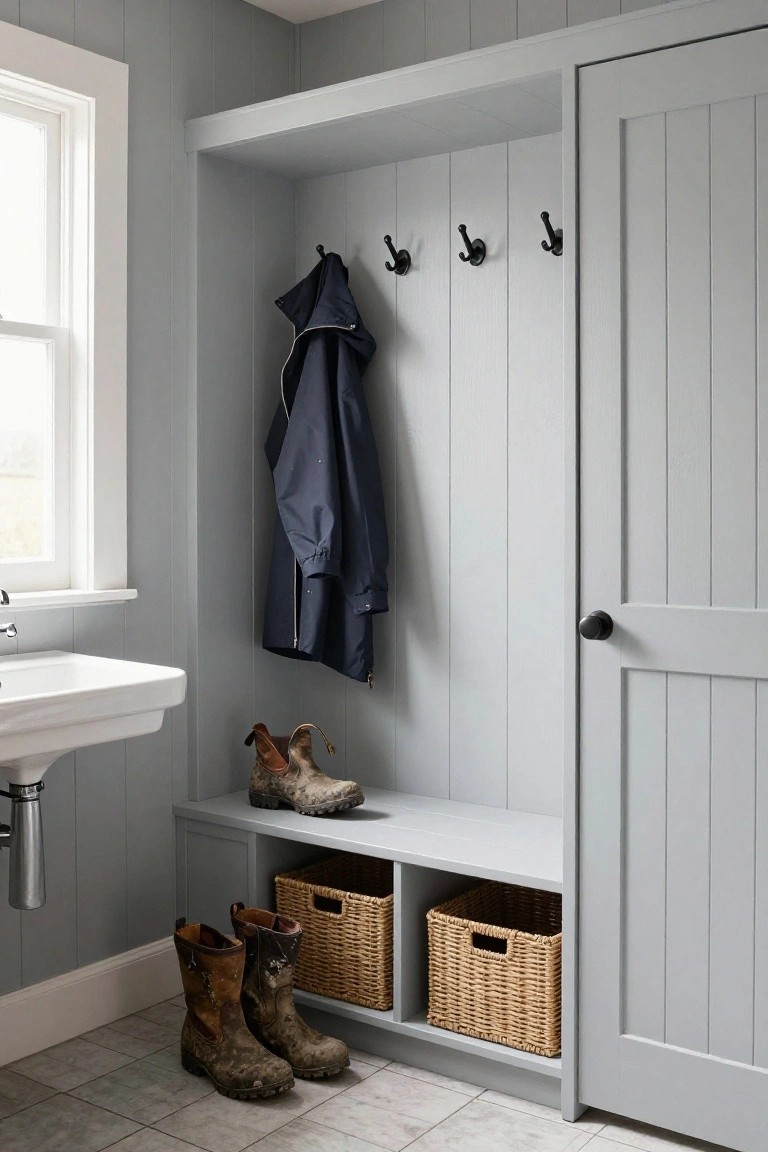 Light gray paneled mudroom interior with wooden coat hooks holding a navy jacket, built-in bench with brown boots underneath, wicker baskets in cubbies, and a white sink nearby.