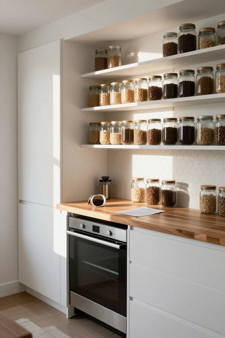 Modern white kitchen with open floating shelves stocked with glass jars of beans, nuts, grains, and coffee beans, wooden countertop, stainless steel oven, and coffee maker.