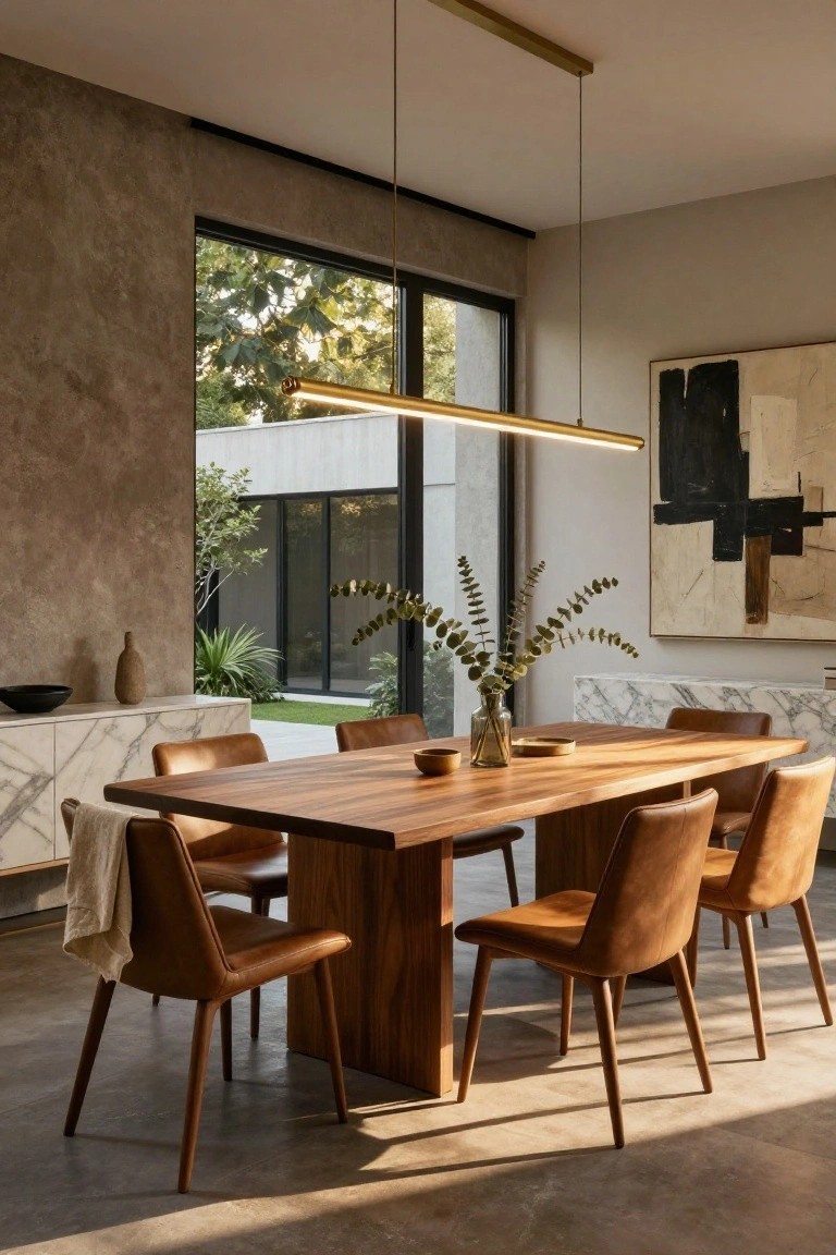 Modern dining room with a long rectangular solid wood table and tan leather chairs, gold linear pendant light overhead, large windows showing greenery outside, beige textured wall, and white marble sideboard.