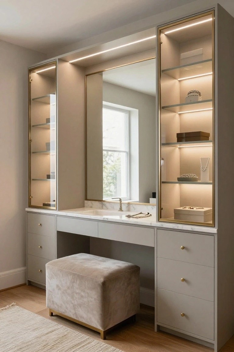 Tall gray built-in cabinet unit with central white marble vanity table, large mirror, glass-fronted side cabinets with internal LED lighting displaying jewelry and accessories, and a cream upholstered stool in a light room with wood flooring.