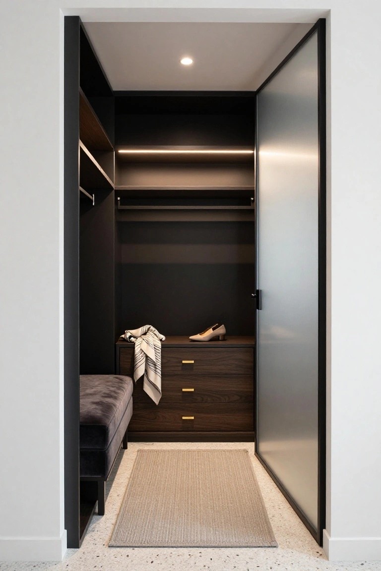A modern walk-in closet with black walls, wooden shelves and drawers, a purple velvet bench, scattered clothes and shoes, and an open frosted glass door.