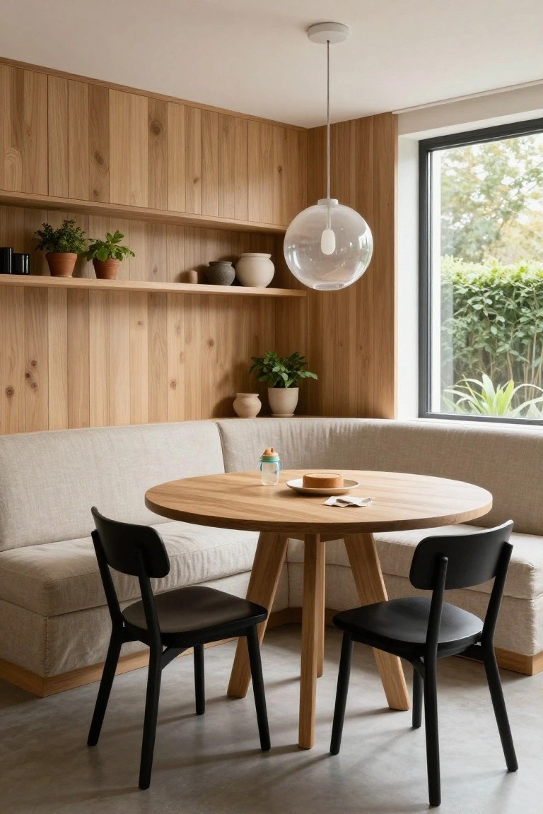 Modern interior dining nook with vertical light oak wood paneling on walls and built-in cabinets, beige fabric bench seating in L-shape around a round oak pedestal table with two black chairs, plants and ceramics on open shelves, glass globe pendant light, and large window with greenery outside.