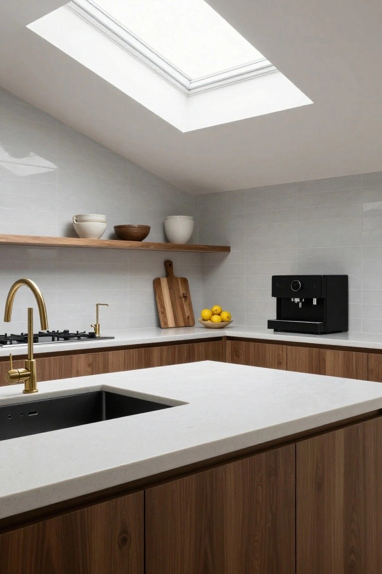 Modern kitchen interior with walnut wood cabinets, white quartz countertop and backsplash, black undermount sink, gold gooseneck faucet, gas cooktop, black coffee machine, open wooden shelves holding ceramic bowls and wooden cutting board, and skylight overhead.