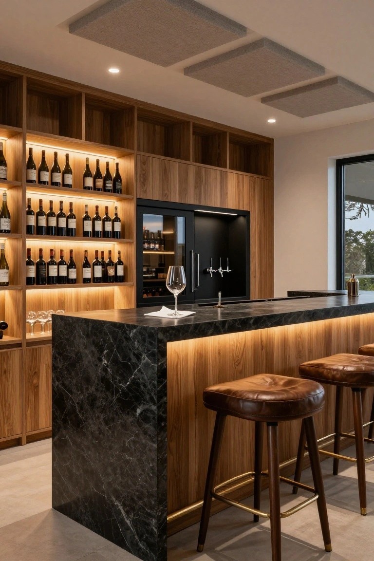 Modern home bar interior with tall wooden cabinetry holding backlit rows of red wine bottles, black marble countertop, tan leather stools, and a window showing greenery outside.
