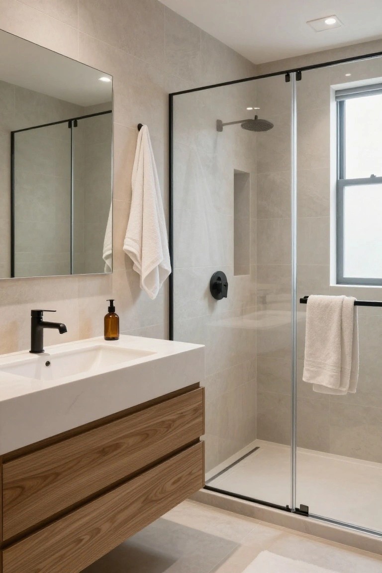 Modern bathroom featuring a white quartz vanity with light wood cabinets and drawers, black faucet, wall-mounted soap dispenser, frameless glass shower with black hardware, gray tile walls, and a towel hanging on a hook.