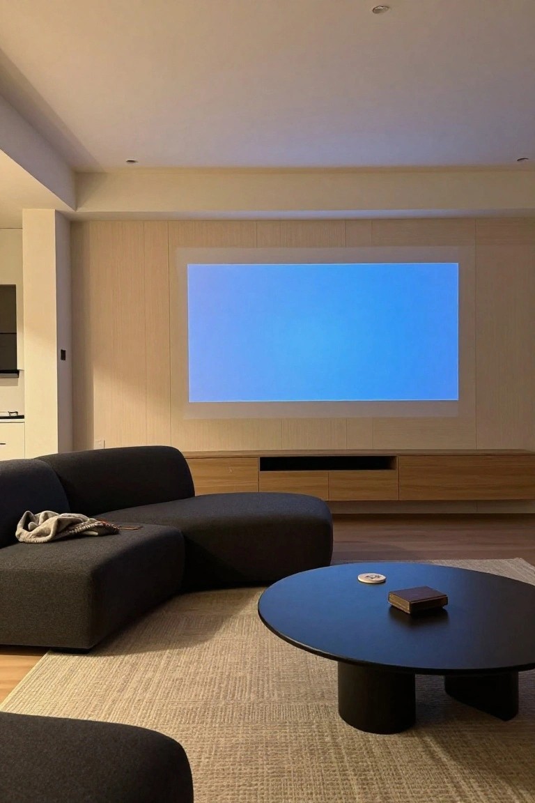 Modern living room with large blue projector screen on light wood paneled wall above wooden credenza, curved black sofa, black coffee table with coasters and book, light wood floor and rug.