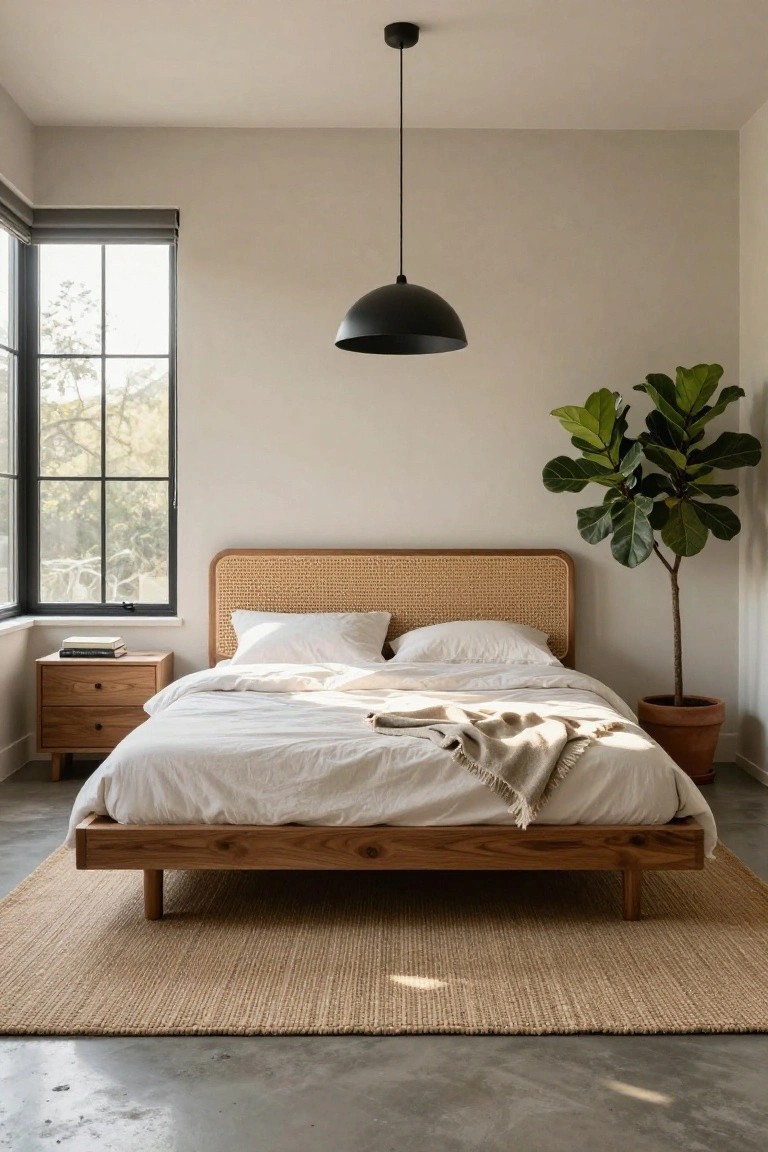 A modern bedroom with a low wooden platform bed featuring a rattan cane headboard, white bedding and throw, wooden nightstand, large potted fiddle leaf fig plant, black pendant light, and seagrass rug on polished concrete floor.