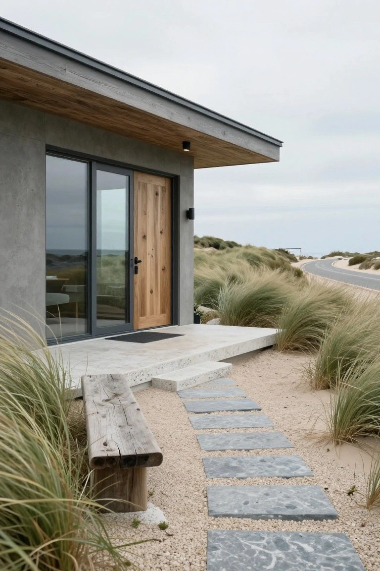 Gray concrete modern beach house entrance with wooden door, adjacent glass panel, stone platform and pathway, wooden bench, surrounded by dune grass and sand.