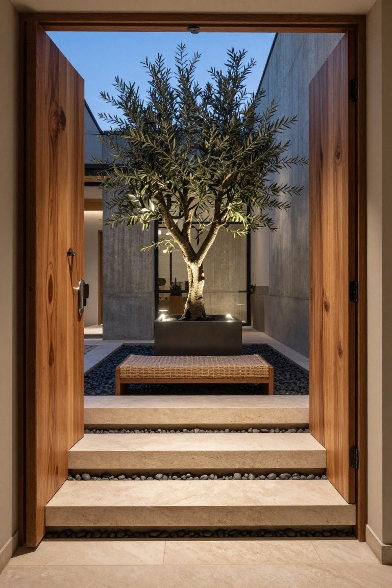 Open double wooden doors frame a modern courtyard featuring a central potted olive tree, rattan bench on gravel, stone steps, and concrete walls under evening light.