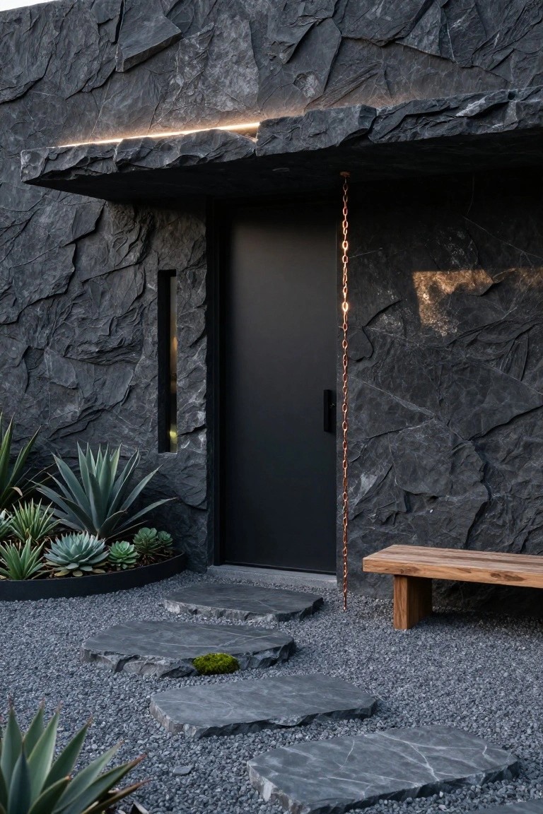Modern villa entrance with textured dark stone walls, slim black front door with copper chain pull, agave plants in a curved bed, irregular stone steps, gravel ground cover, and wooden bench beside the entry.